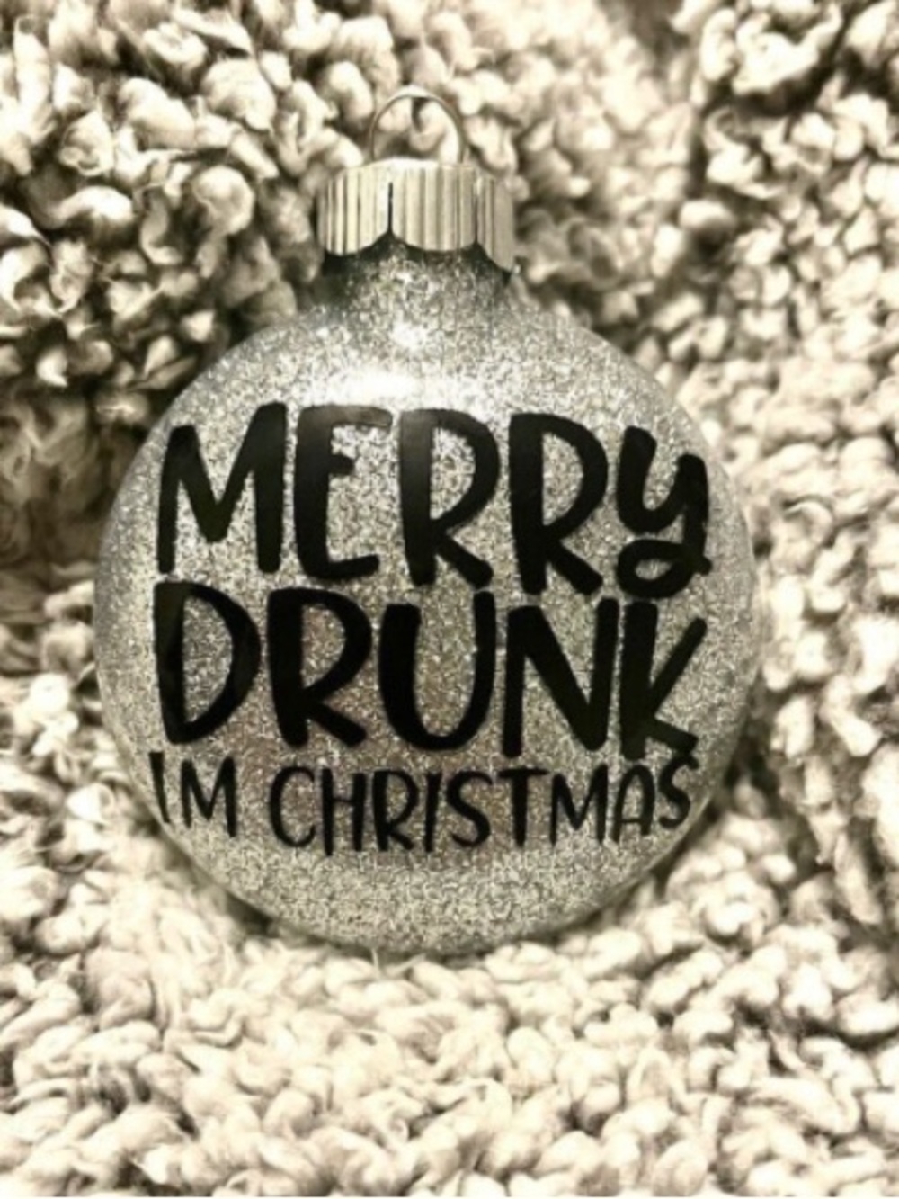 Silver Holiday Pillow Cover with 'Merry Drunk I'm Christmas' Print